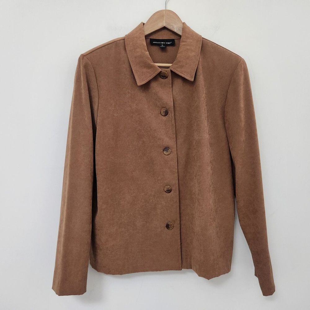 BRIGGS NEW YORK Women's Brown Basic Jacket Padded Shoulders Size L
